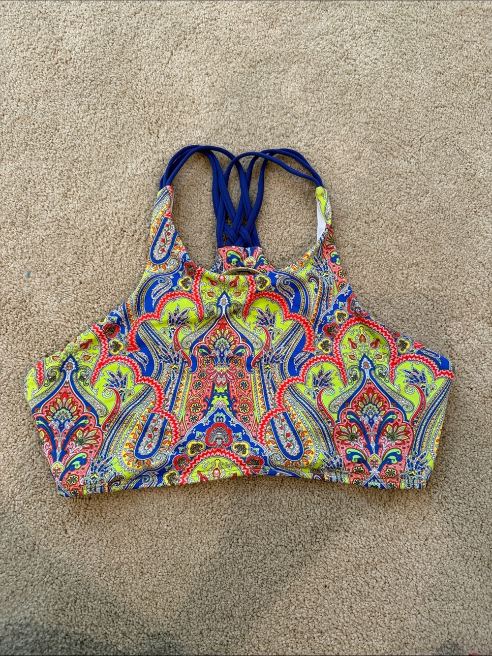 High-Neck Paisley Bikini Top in neon Multi-Color XL neon green and purple